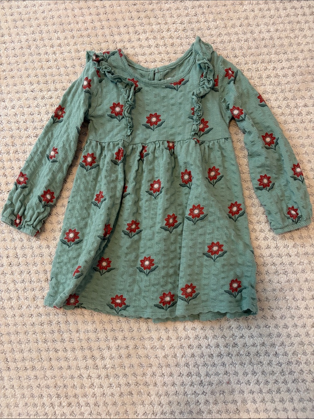 Girls Sage Green Floral Ruffle Long-Sleeve Dress